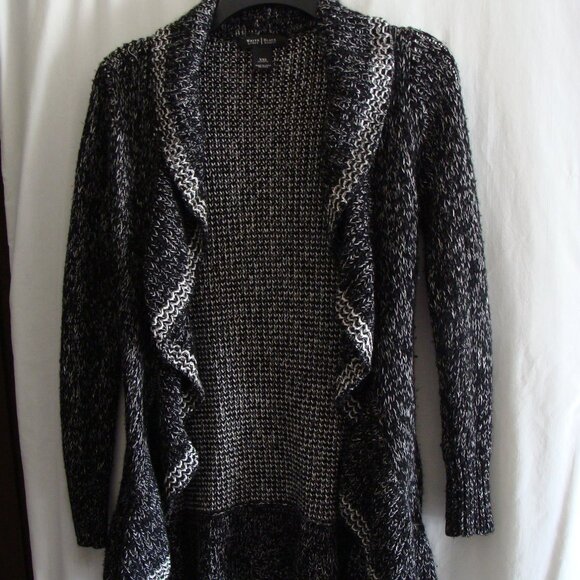 WHITE HOUSE BLACK MARKET Black & White CHUNKY Knit WOOL Blend Open CARDI Sz XXS - Picture 2 of 6